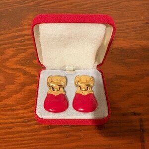 Vintage Monet Gold Tone Red Enamel Earrings